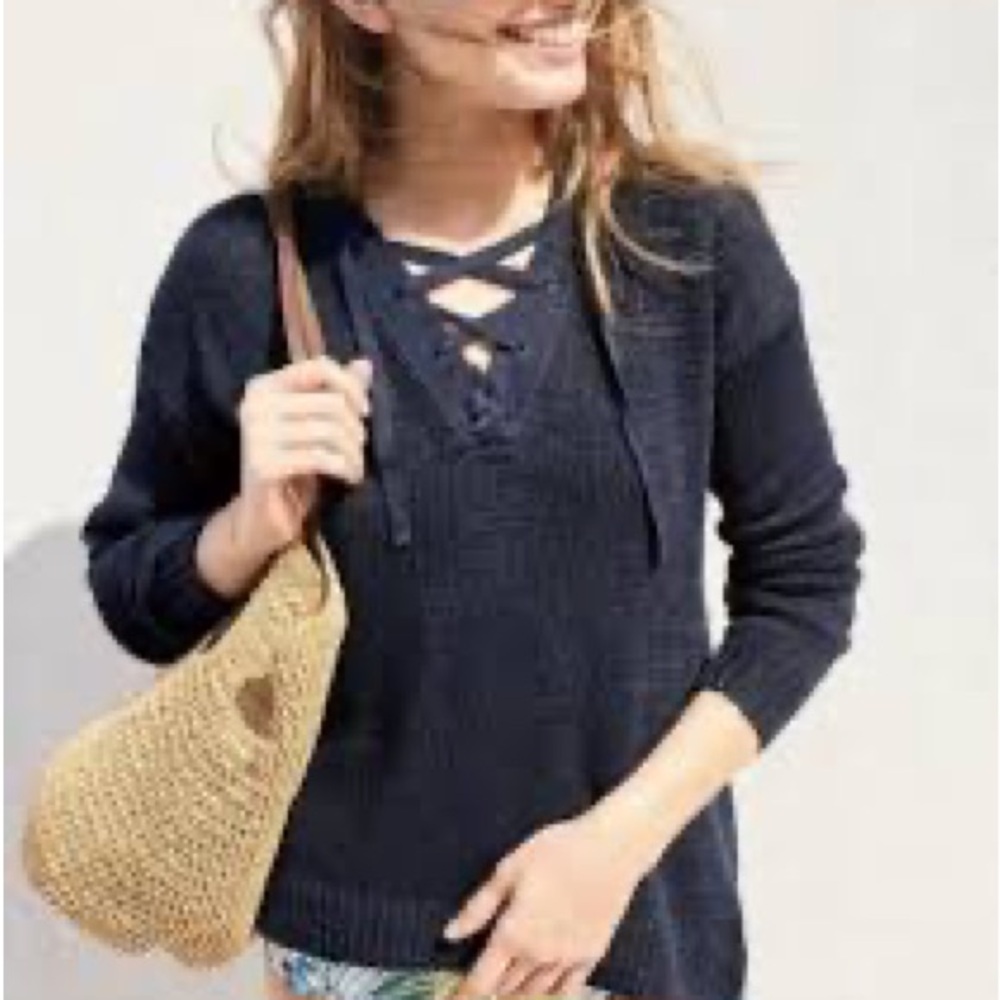 J Crew Women's Lace-Up Crewneck Sweater - light blue